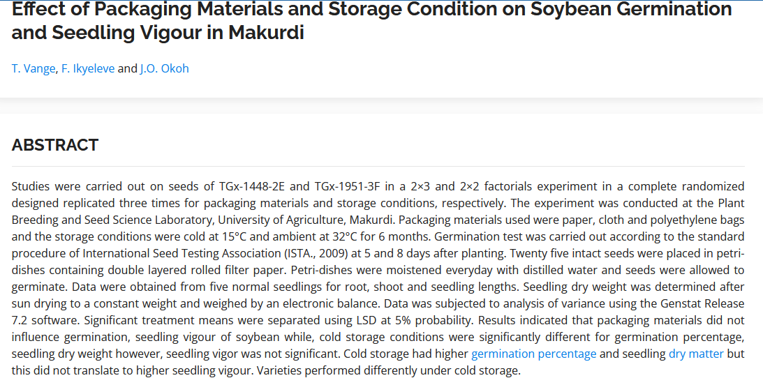 Effect of packaging materials and storage condition on soybean germination and seedling vigour in Makurdi-image