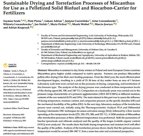 Sustainable drying and torrefaction processes of miscanthus for use as a pelletized solid biofuel and biocarbon-carrier for fertilizers-image