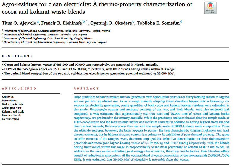 Agro-residues for clean electricity: A thermo-property characterization of cocoa and kolanut waste blends-image