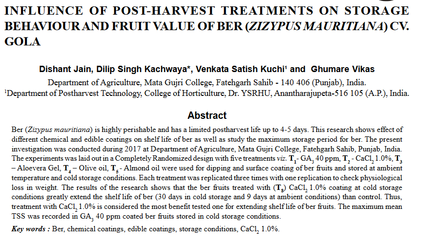 Influence of post-harvest treatments on storage behaviour and fruit value of ber (zizypus mauritiana) cv. Gola-image