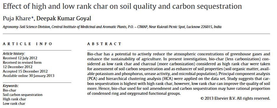 Effect of high and low rank char on soil quality and carbon sequestration-image