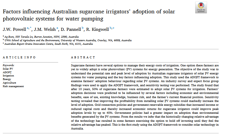 Factors influencing Australian sugarcane irrigators’ adoption of solar photovoltaic systems for water pumping-image