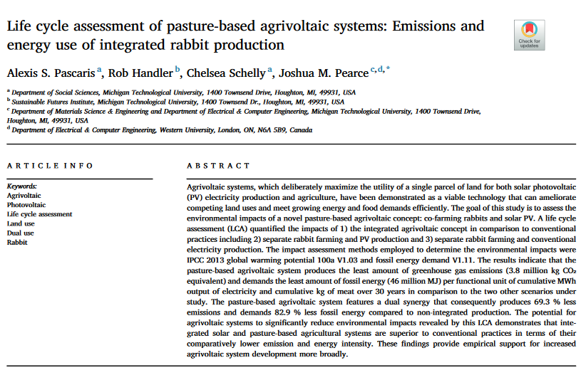 Life cycle assessment of pasture-based agrivoltaic systems: Emissions and energy use of integrated rabbit production-image