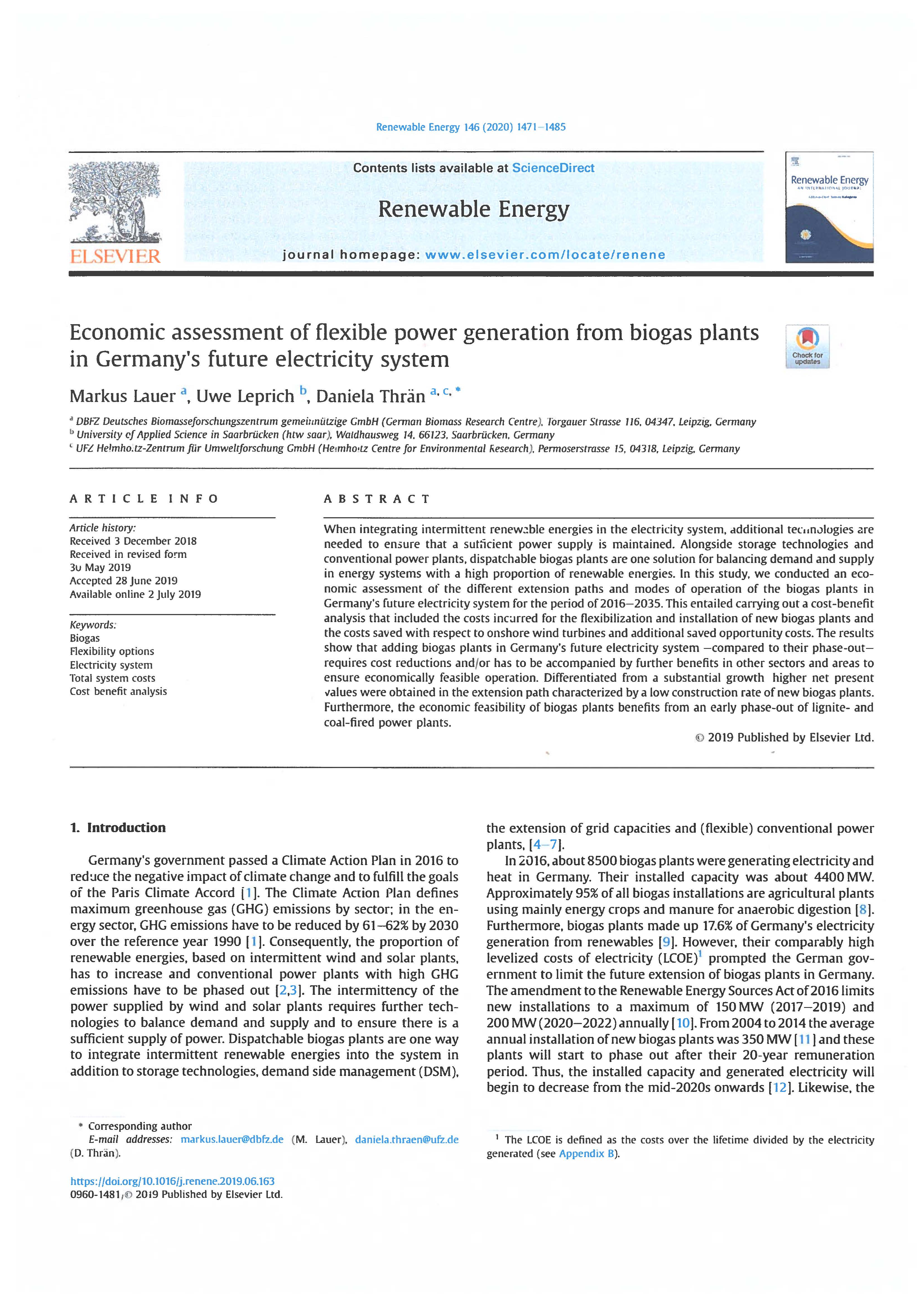Economic assessment of flexible power generation from biogas plants in Germany's future electricity system-image