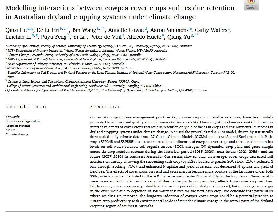 Modellazione delle interazioni tra le colture di copertura del fagiolo dall'occhio e la ritenzione dei residui nei sistemi di coltivazione delle terre aride australiane sotto i cambiamenti climatici-image