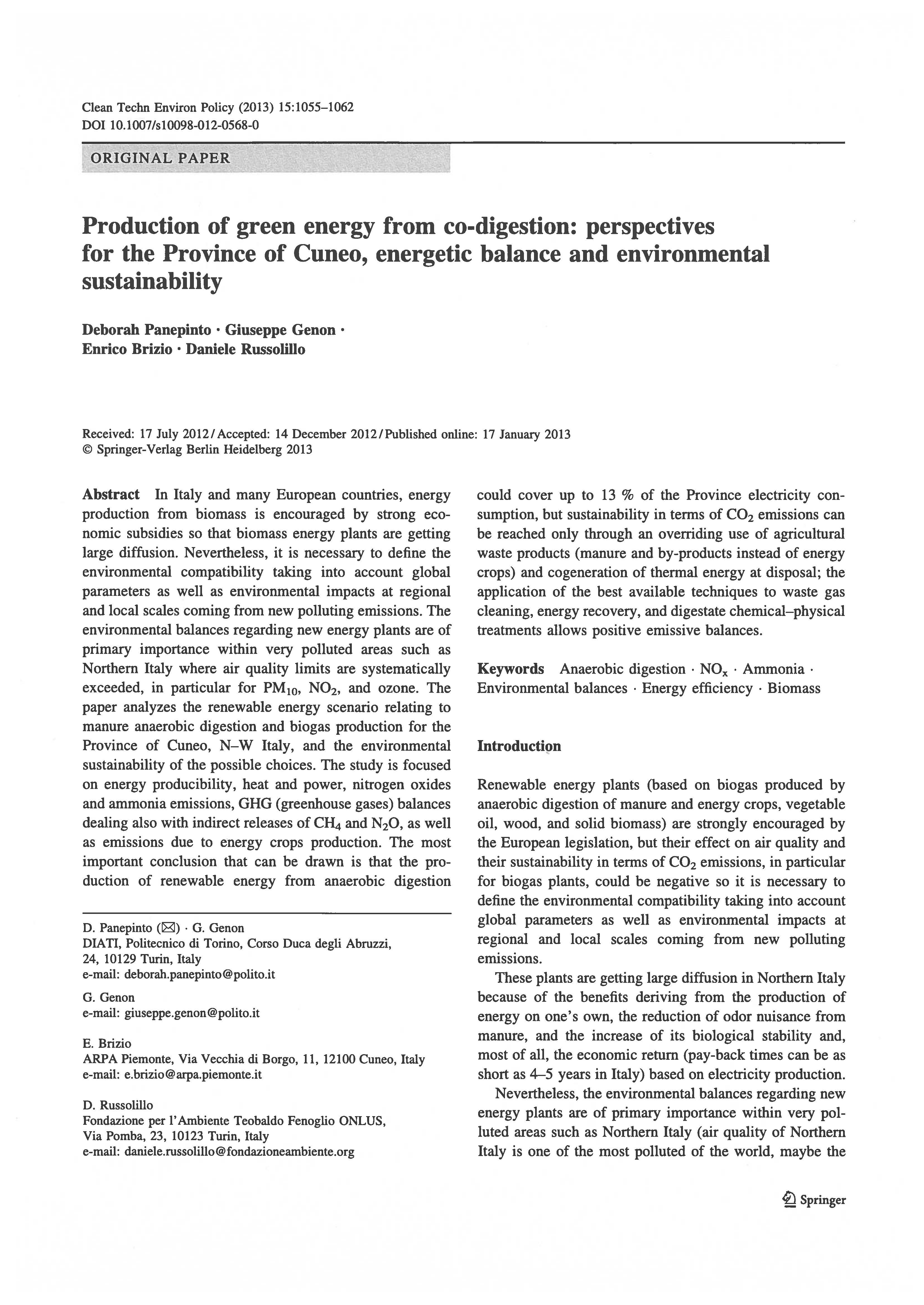 Production of green energy from co-digestion: perspectives for the Province of Cuneo, energetic balance and environmental sustainability-image