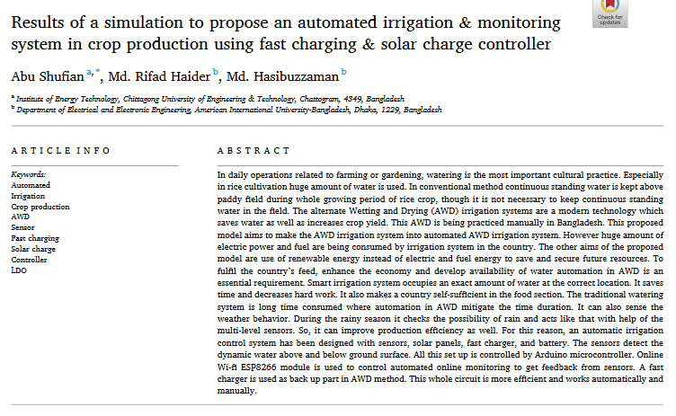 Results of a simulation to propose an automated irrigation & monitoring system in crop production using fast charging & solar charge controller-image