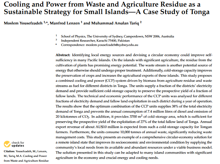 Cooling and Power from Waste and Agriculture Residue as a Sustainable Strategy for Small Islands—A Case Study of Tonga-image