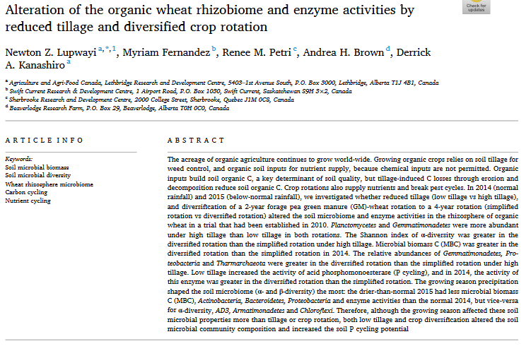Alteration of the organic wheat rhizobiome and enzyme activities by reduced tillage and diversified crop rotation-image