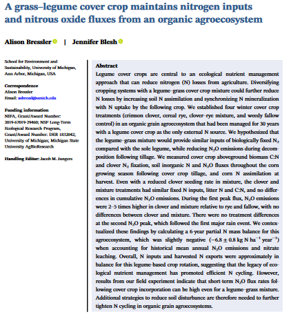 A grass–legume cover crop maintains nitrogen inputs and nitrous oxide fluxes from an organic agroecosystem-image